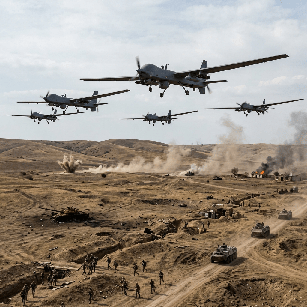 Military drones flying low over desert terrain with soldiers and armored vehicles below